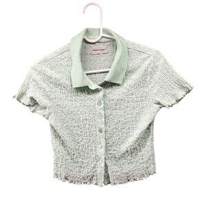 Urban Outfitters Crinkle Cropped Shirt Womens S Green Collared Short Sleeve